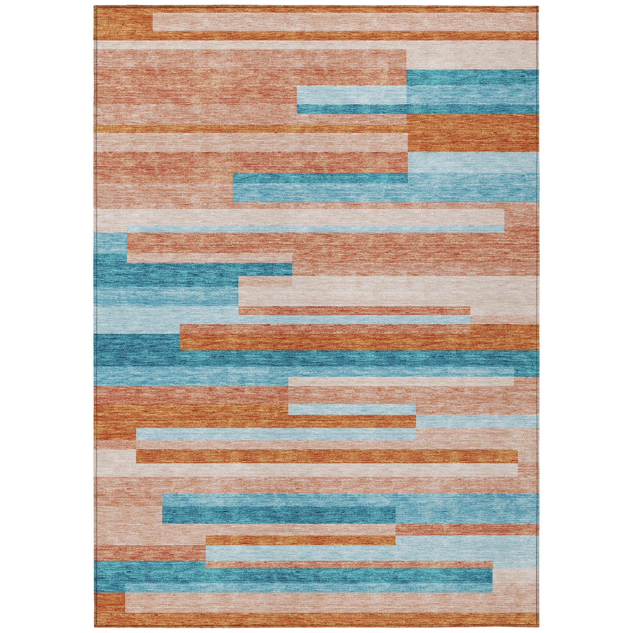 9' X 12' Orange Teal Blue And Salmon Striped Washable Indoor Outdoor Area Rug