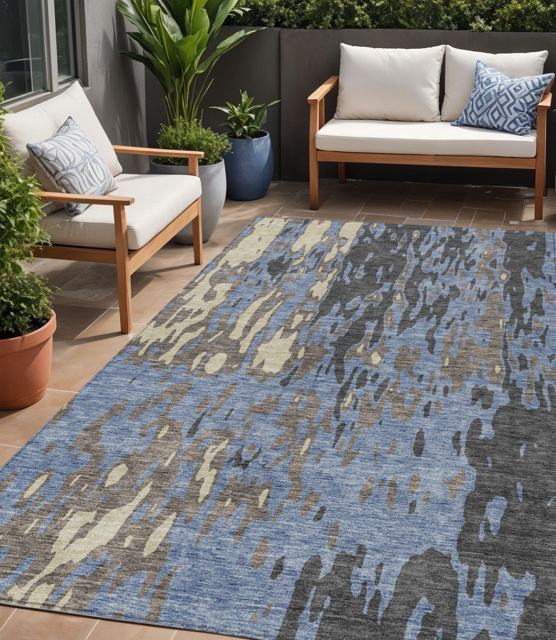 5' X 8' Denim Blue And Beige Abstract Washable Indoor Outdoor Area Rug
