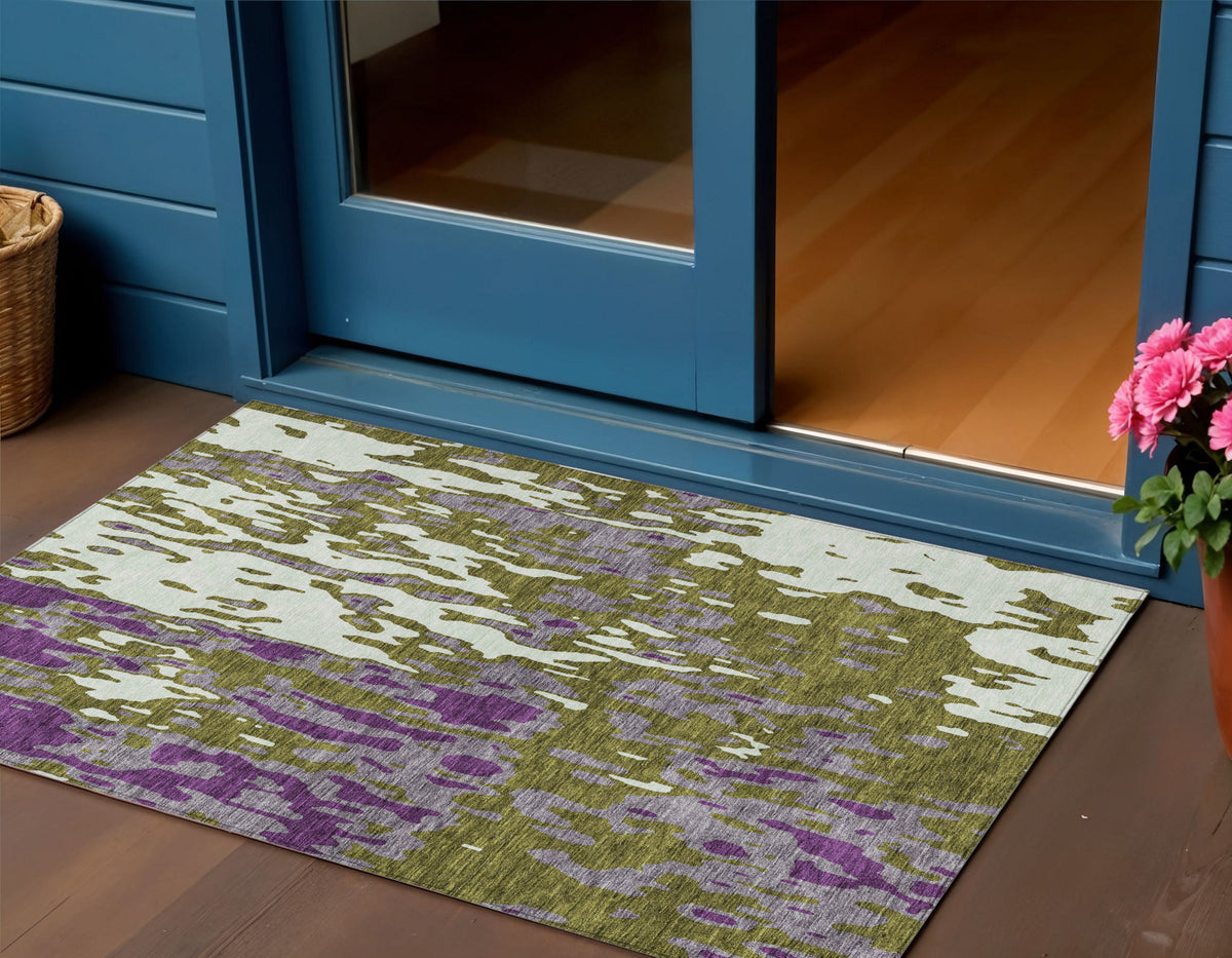 3' X 5' Olive Green And Purple Abstract Washable Indoor Outdoor Area Rug