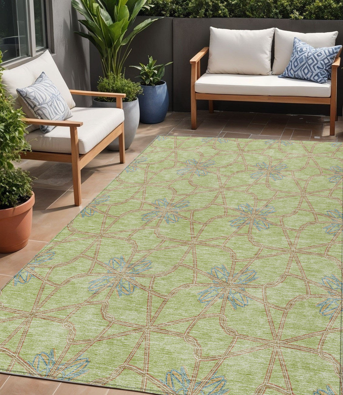 5' X 8' Sage And Blue Geometric Washable Indoor Outdoor Area Rug