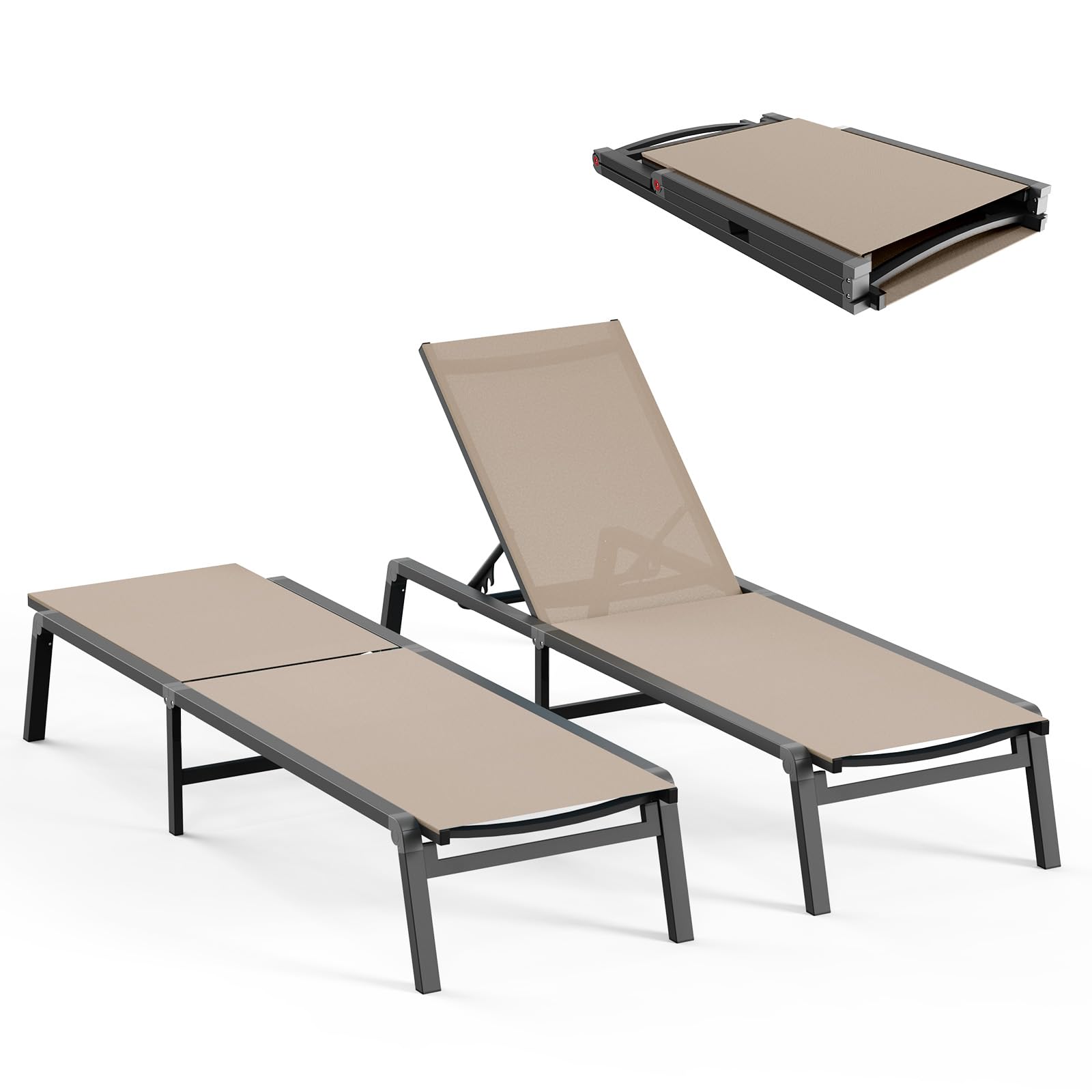 Patio Chaise Lounge Chair, Foldable Lounge Chair For Outside, Aluminum Chairs Set Of 2 With 5 Adjustable Backrest, Outdoor Pool Lounger For Poolside, Lawn, Deck, Khaki