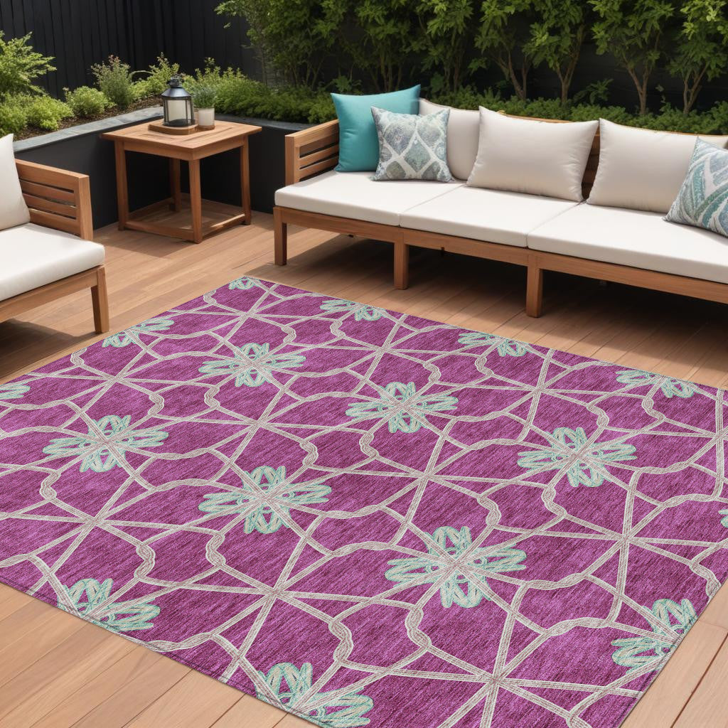 10' X 14' Blush And Aqua Geometric Washable Indoor Outdoor Area Rug