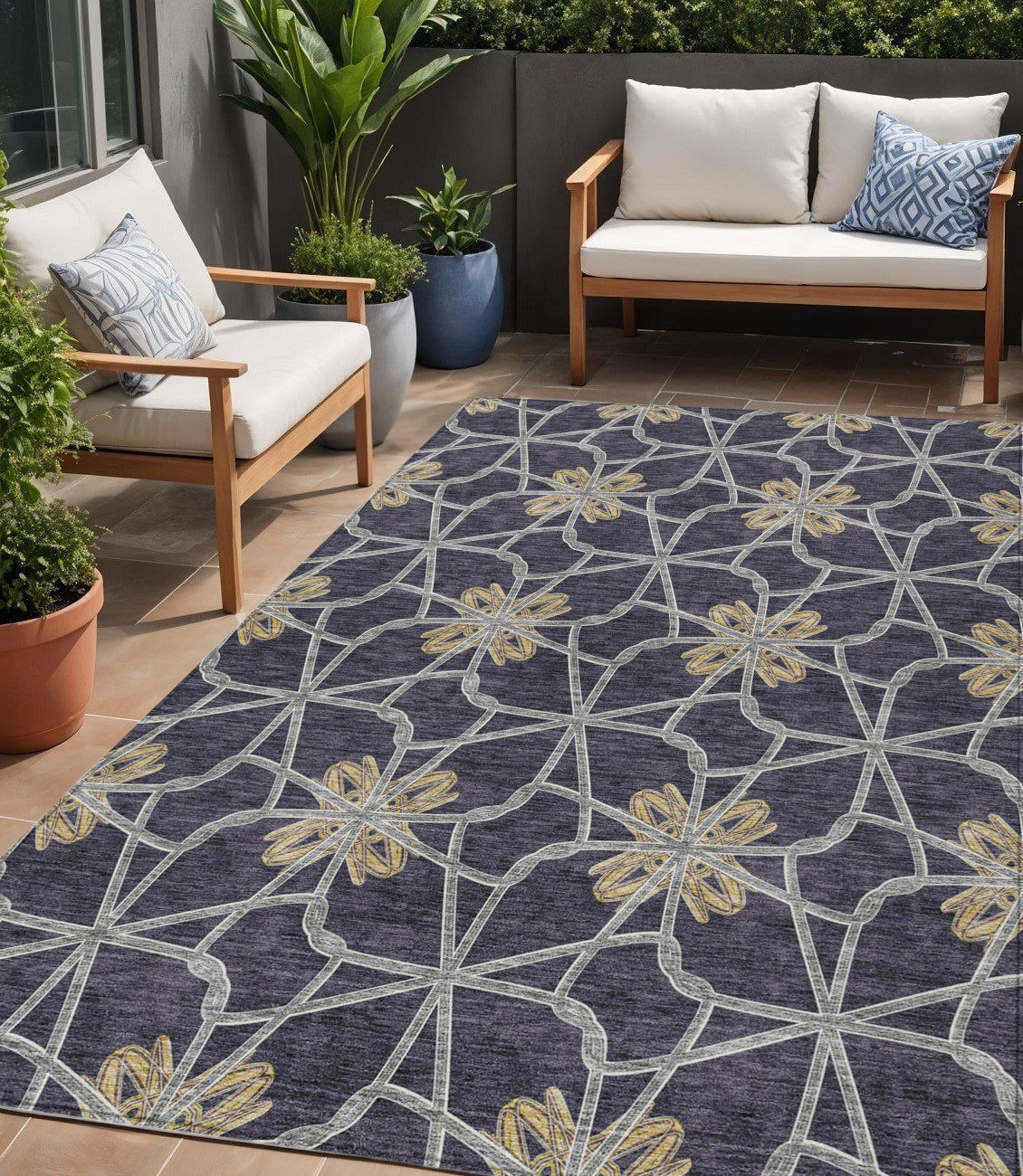 5' X 8' Charcoal And Gold Geometric Washable Indoor Outdoor Area Rug