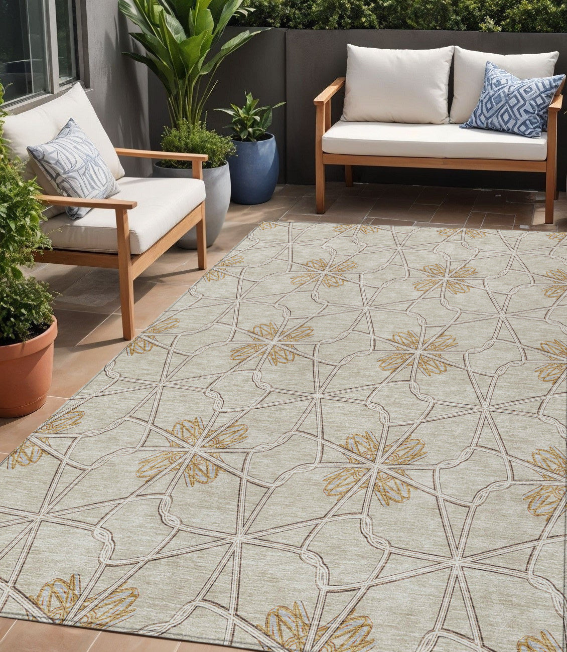 5' X 8' Ivory And Gold Geometric Washable Indoor Outdoor Area Rug