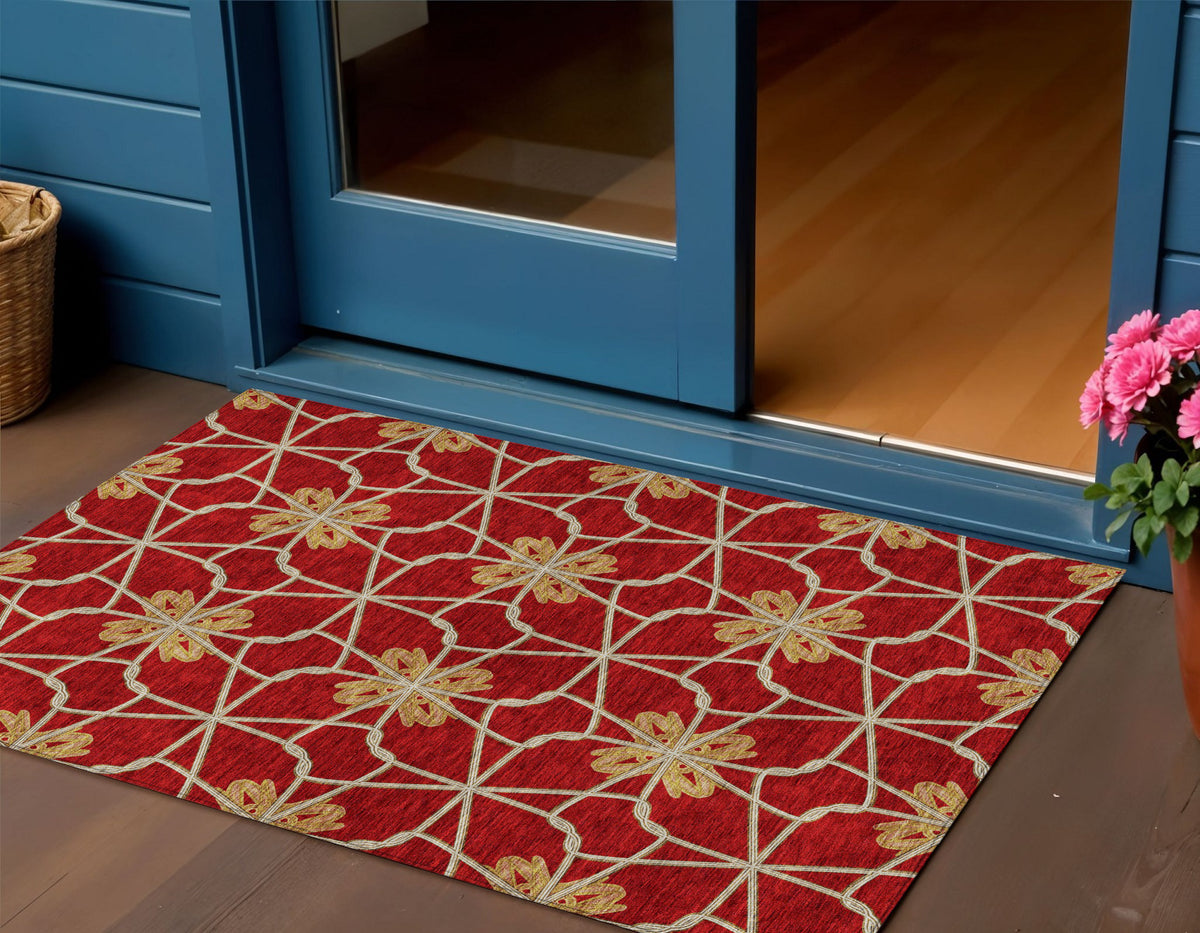 3' X 5' Orange And Gold Geometric Washable Indoor Outdoor Area Rug