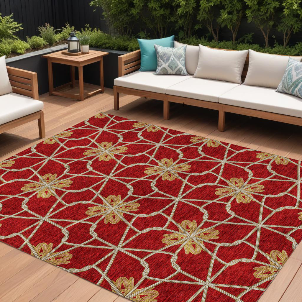 9' X 12' Orange And Gold Geometric Washable Indoor Outdoor Area Rug