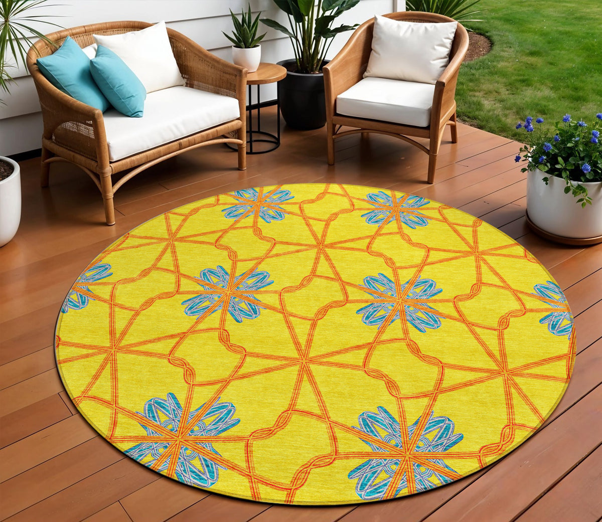 8' Yellow And Teal Blue Round Geometric Washable Indoor Outdoor Area Rug