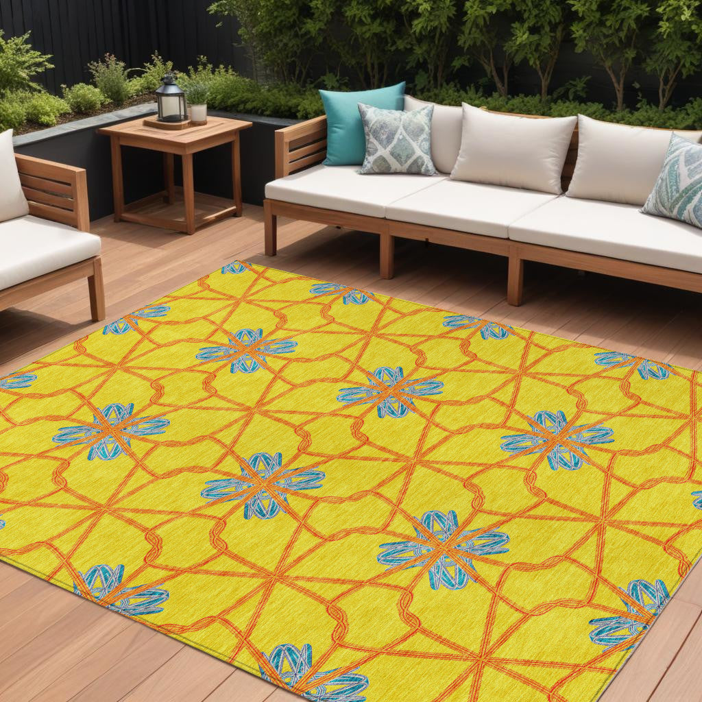 10' X 14' Yellow And Teal Blue Geometric Washable Indoor Outdoor Area Rug