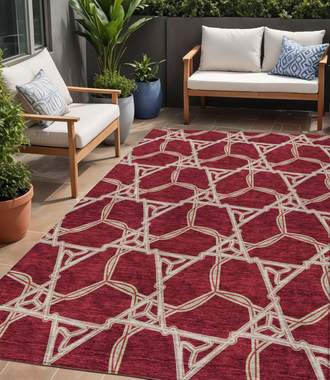 5' X 8' Burgundy And Gold Geometric Washable Indoor Outdoor Area Rug