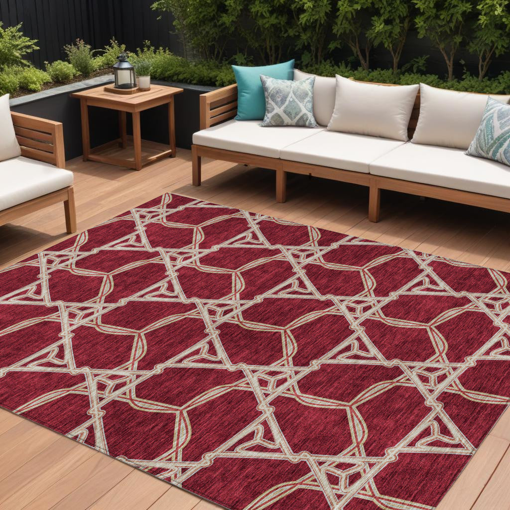 10' X 14' Burgundy And Gold Geometric Washable Indoor Outdoor Area Rug