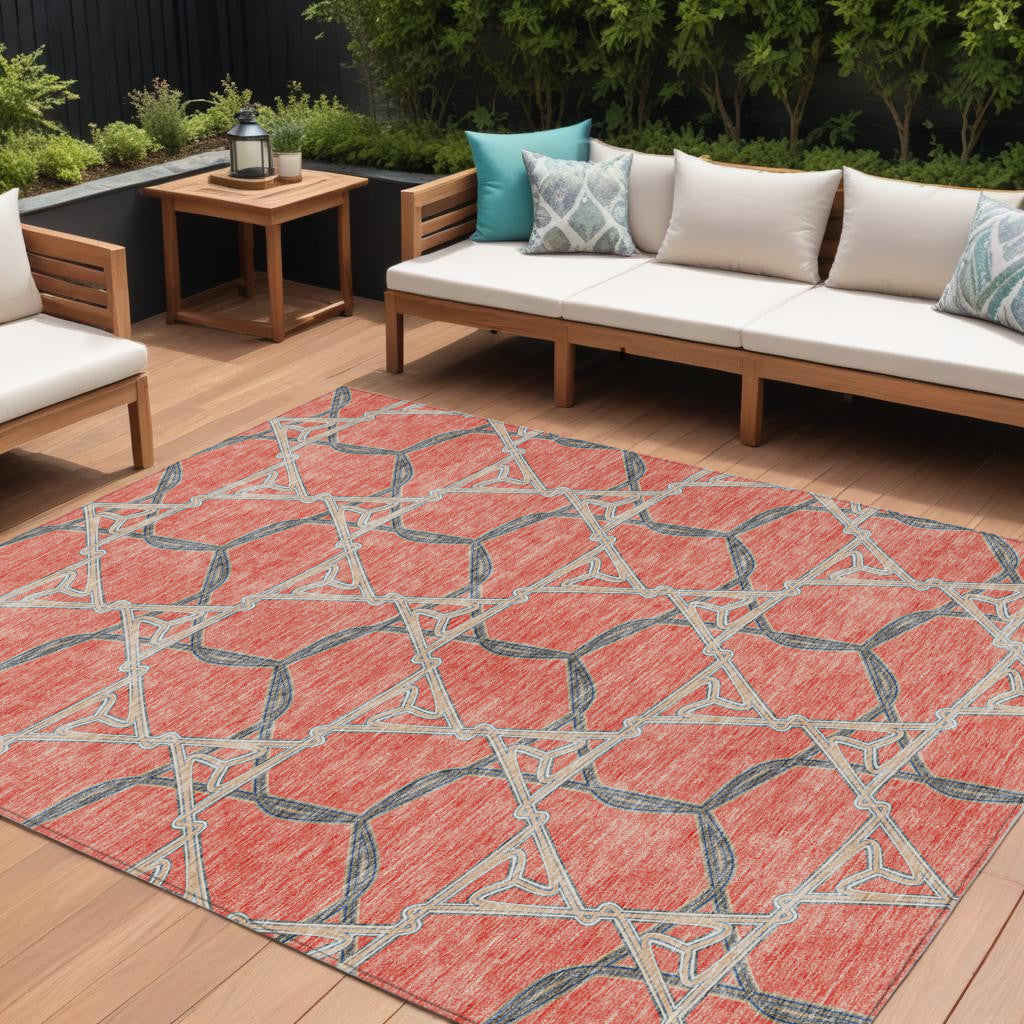 9' X 12' Coral And Taupe Geometric Washable Indoor Outdoor Area Rug