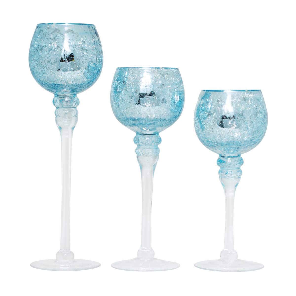 Hosley Elevate Ambiance with Set of 3 Crackle Blue Glass Tealight Holders 12 Inch, 10 Inch, 9 Inch Stylish Home Decor for Unique