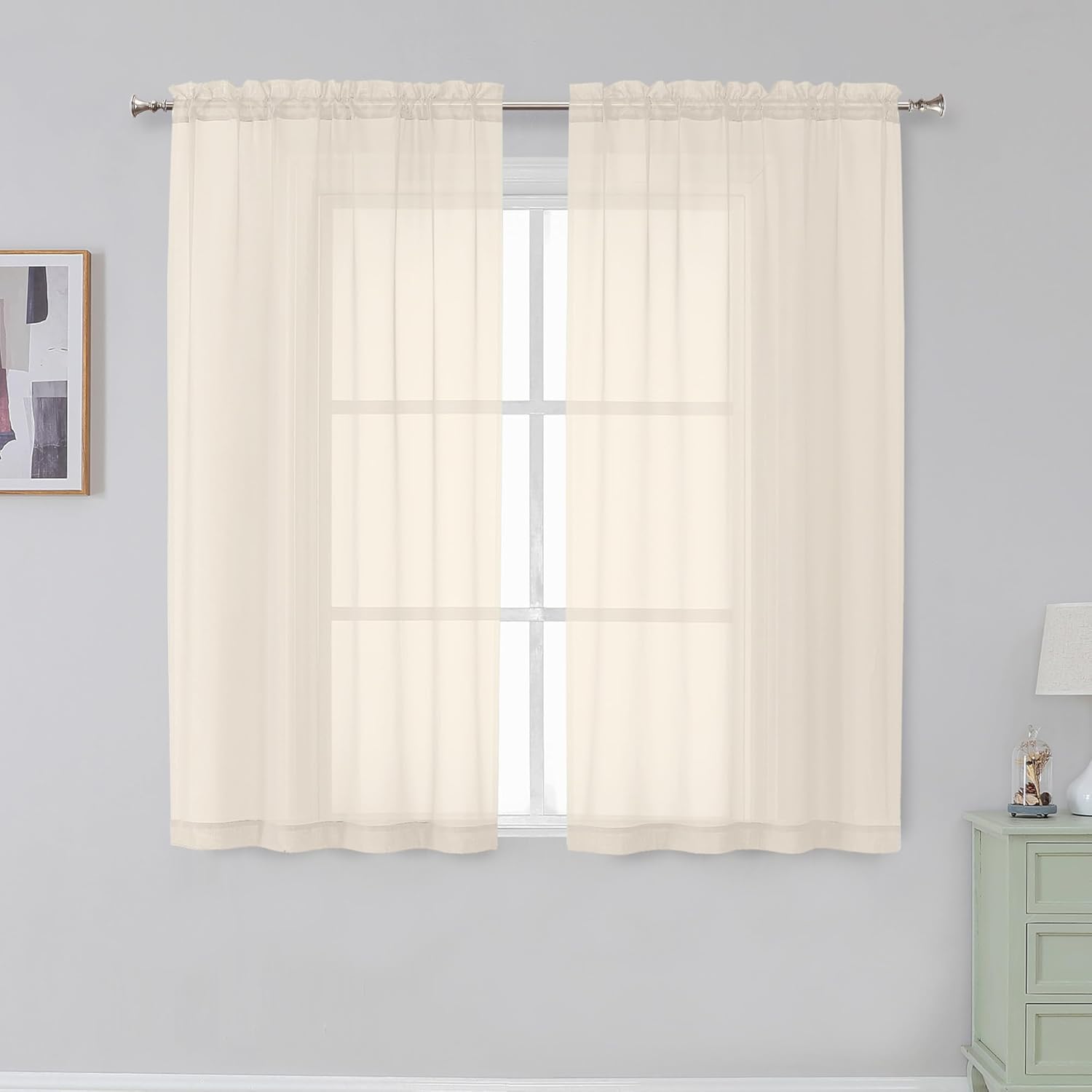 Aiyufeng Cream Sheer Curtains 54 Inch Length 2 Panels Set for Living Room, Light Filtering Green Window Sheers Drapes for Bedroo