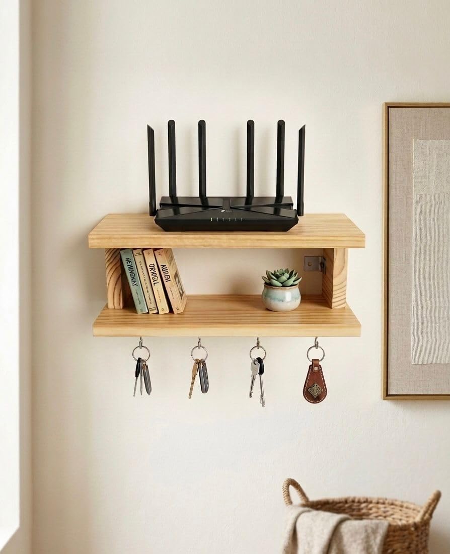 Alnoor Handicrafts 2In1 Wooden Wall Mounted Wifi Router Shelf With Key Holder, MultiPurpose Set Top Box Stand, Home Organiser