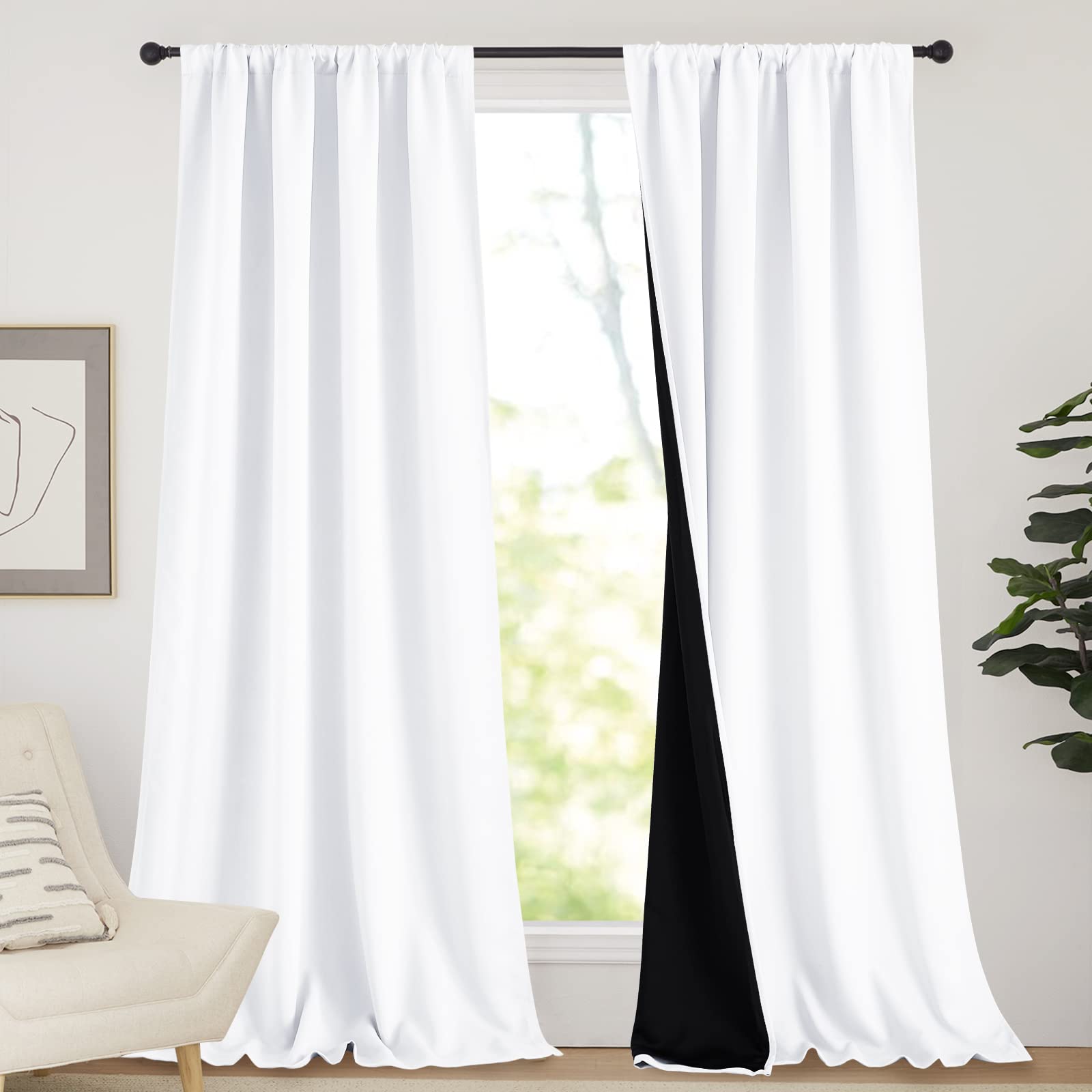 NICETOWN White 100% Truly Blackout Curtains, Rod Pocket Super Heavy-Duty Black Lined Total Darkness Drapes for Hall, Privacy Win