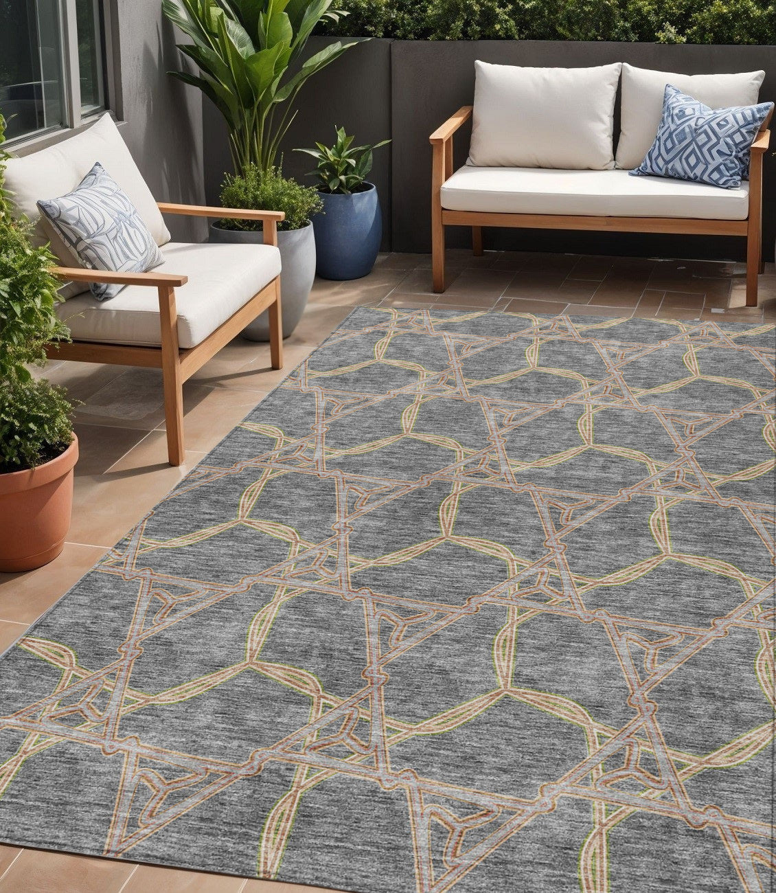 5' X 8' Gray And Brown Geometric Washable Indoor Outdoor Area Rug