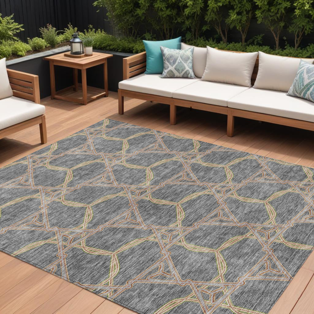 9' X 12' Gray And Brown Geometric Washable Indoor Outdoor Area Rug