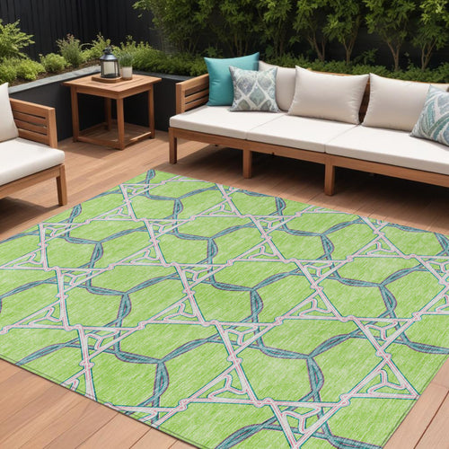 10' X 14' Lime Green And Blue Geometric Washable Indoor Outdoor Area Rug