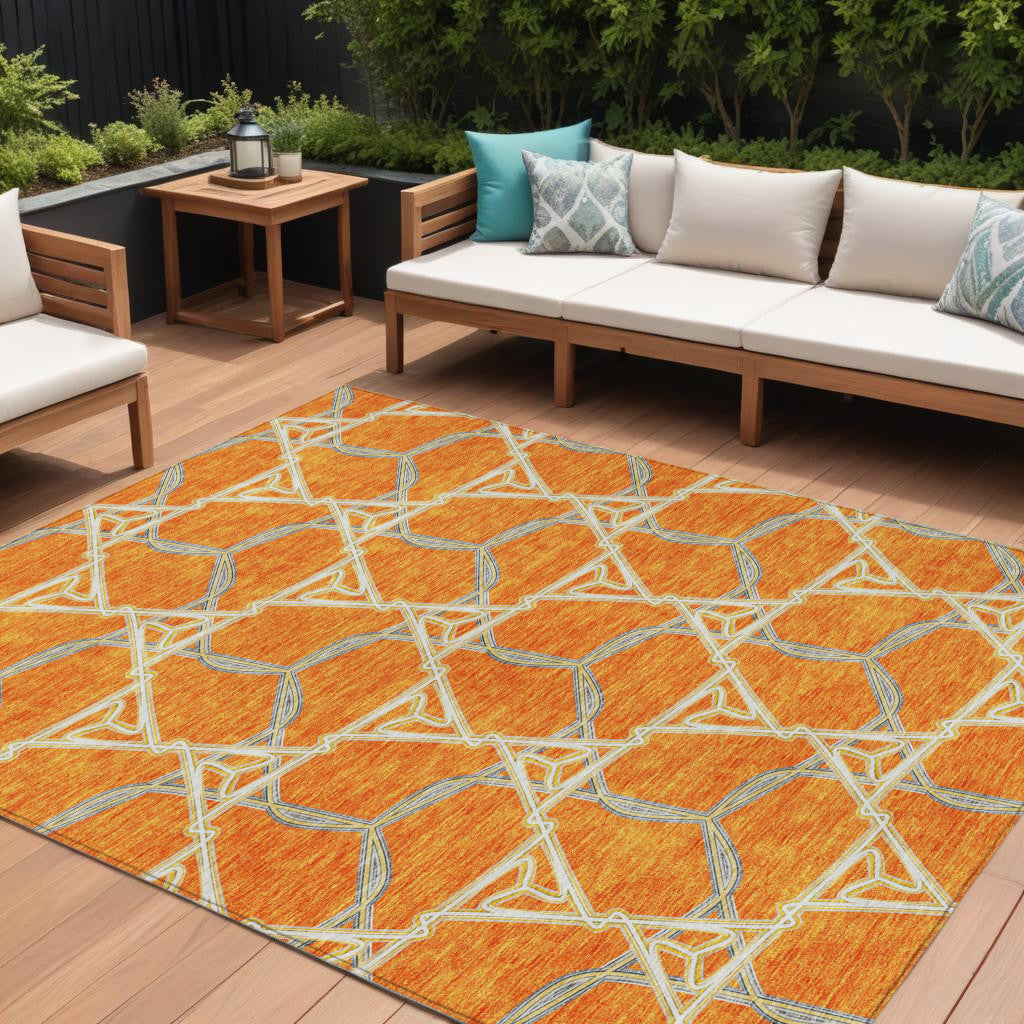 9' X 12' Orange And Blue Geometric Washable Indoor Outdoor Area Rug