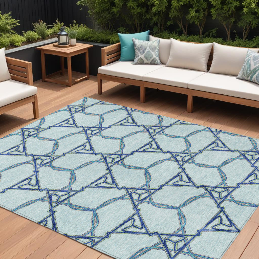 9' X 12' Sky Blue And Navy Blue Geometric Washable Indoor Outdoor Area Rug