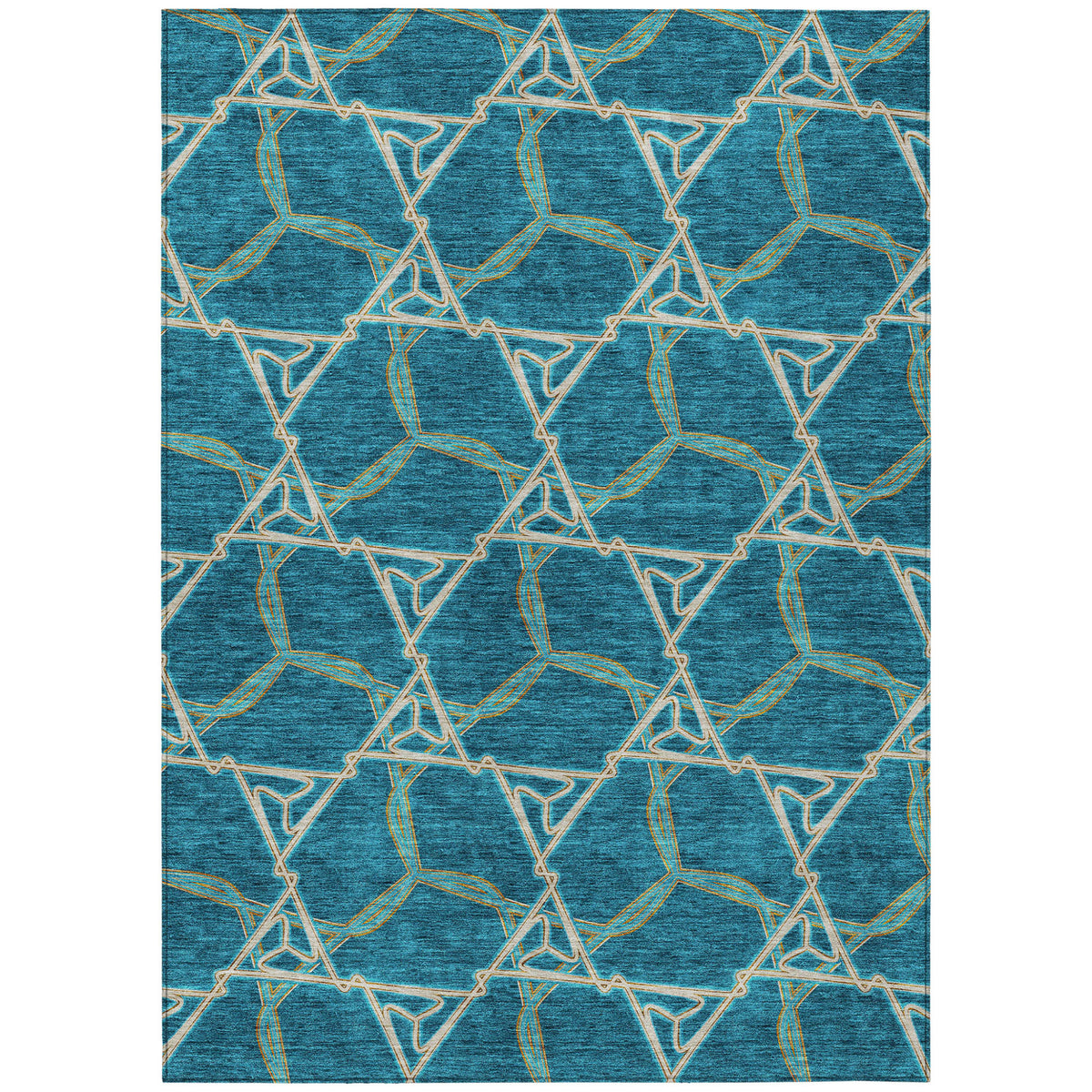 5' X 8' Teal Blue And Beige Geometric Washable Indoor Outdoor Area Rug