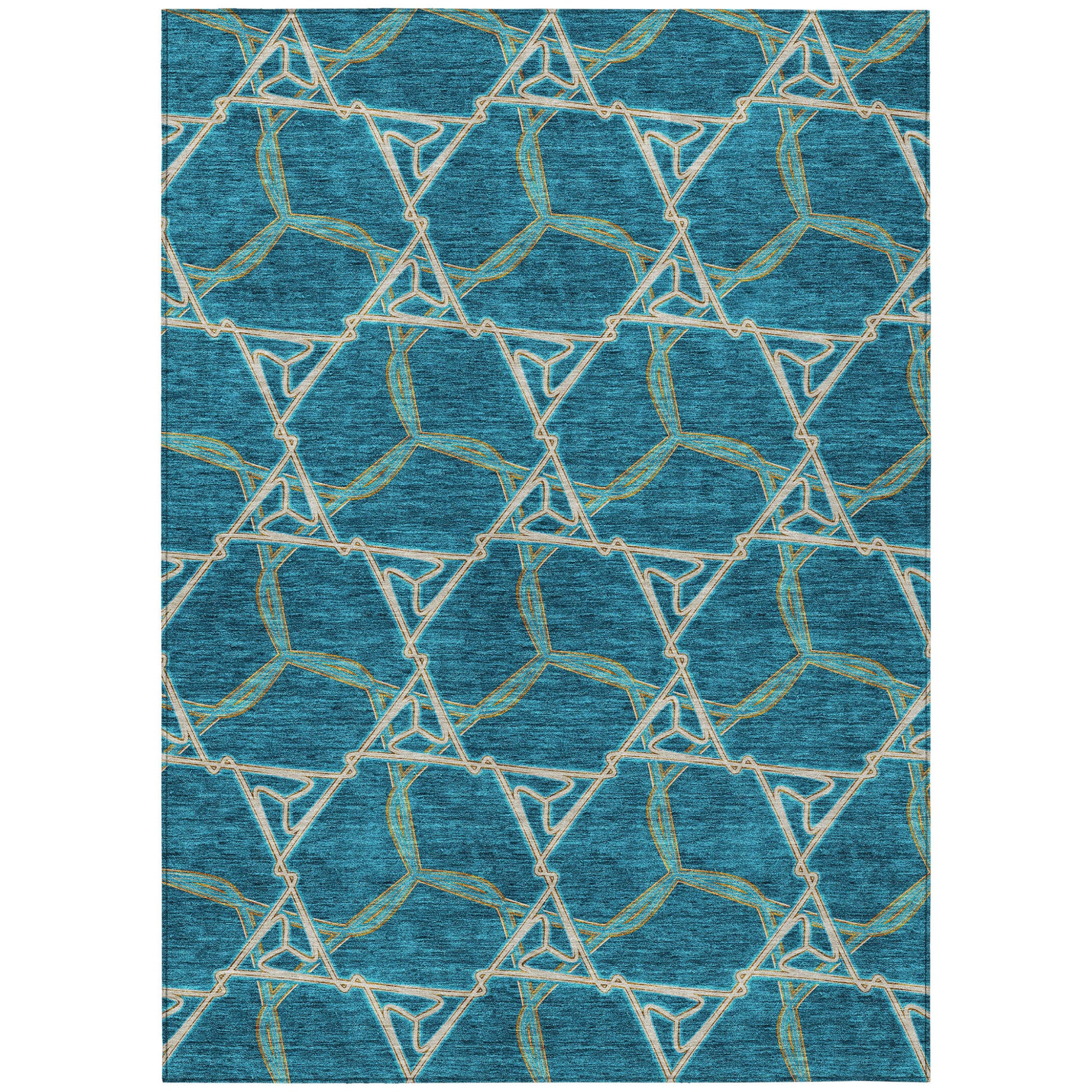5' X 8' Teal Blue And Beige Geometric Washable Indoor Outdoor Area Rug
