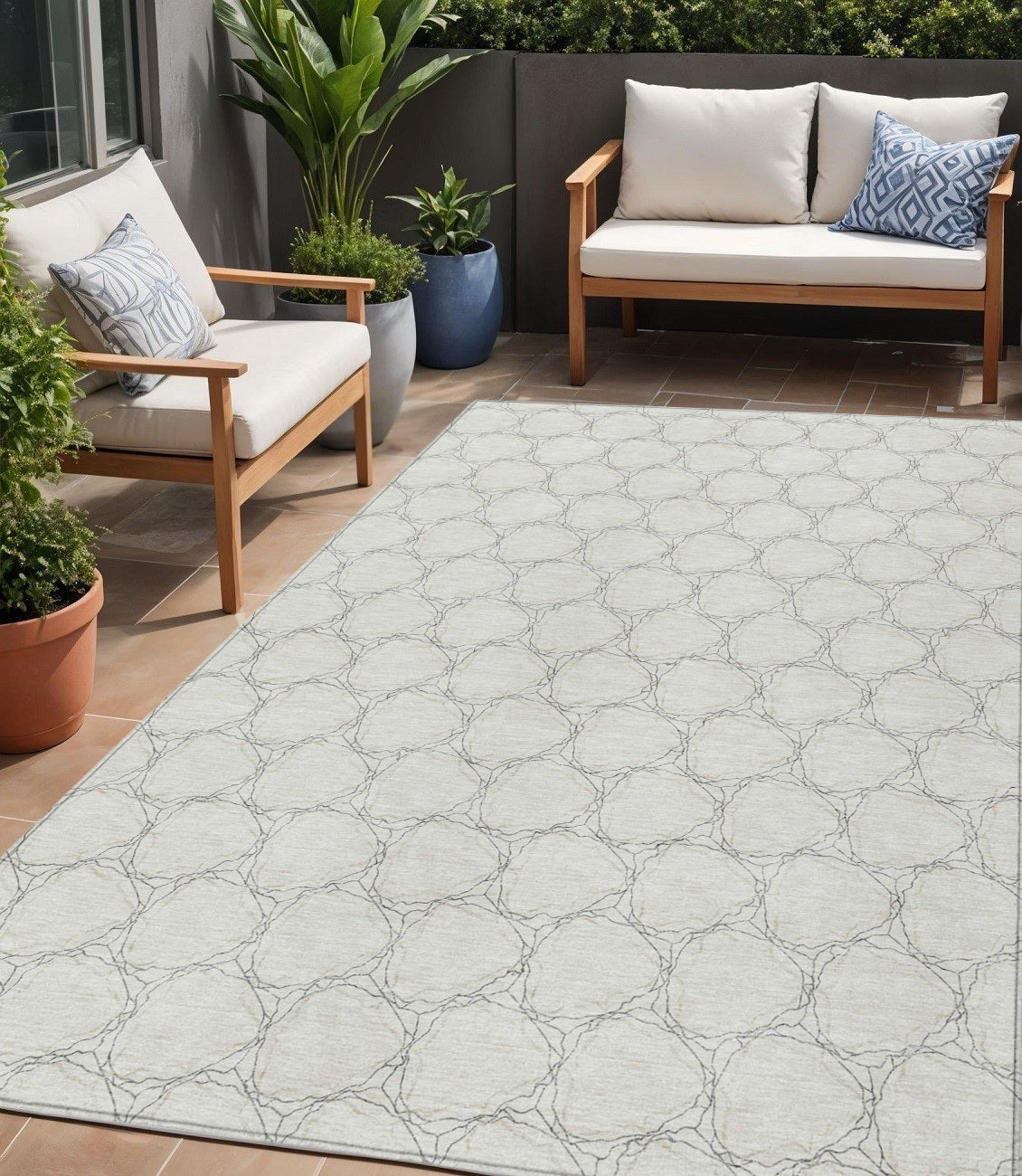 5 X 8 Ivory And Black Geometric Washable Indoor Outdoor Area Rug