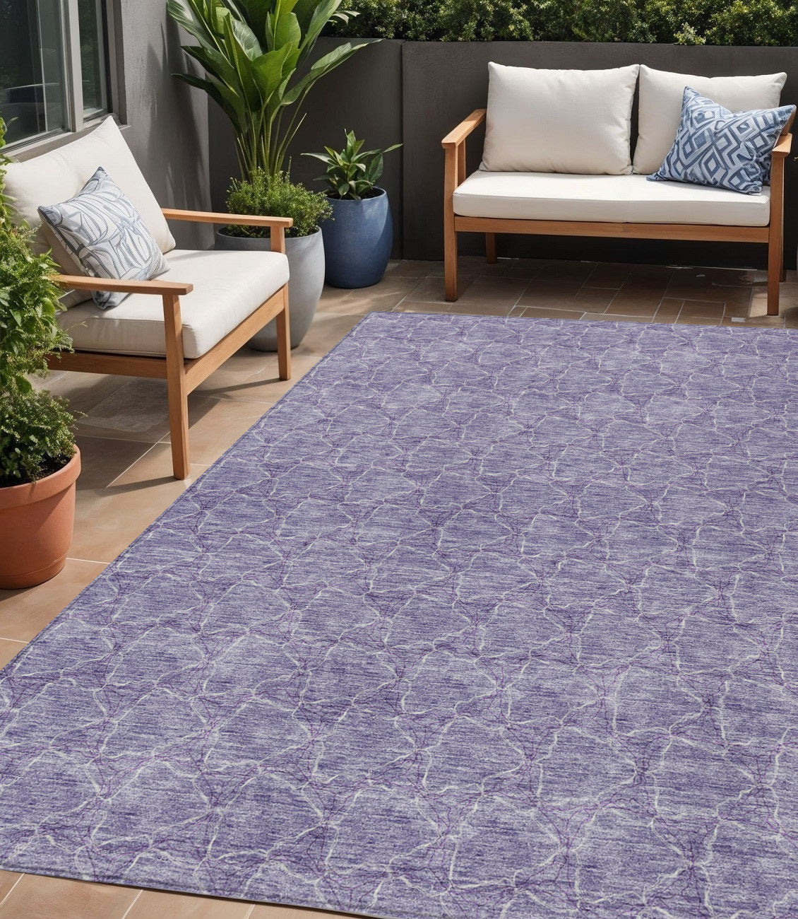 5 X 8 Lavender And Ivory Geometric Washable Indoor Outdoor Area Rug