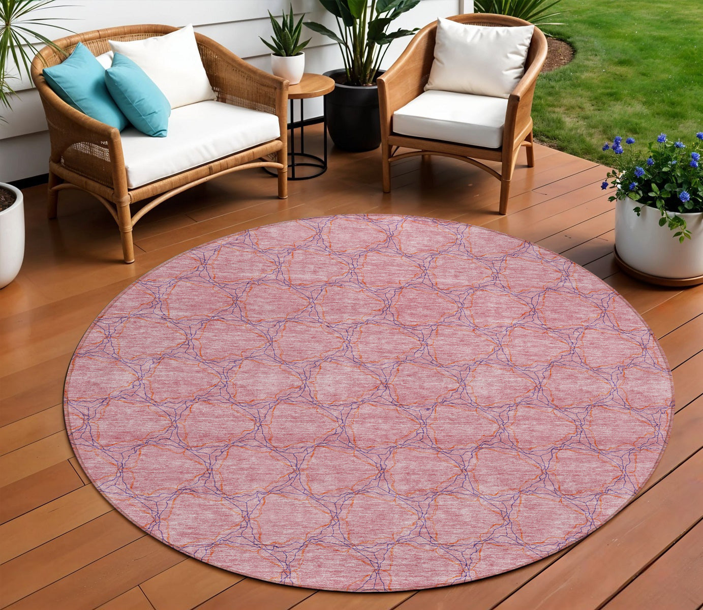 8 Pink And Purple Round Geometric Washable Indoor Outdoor Area Rug