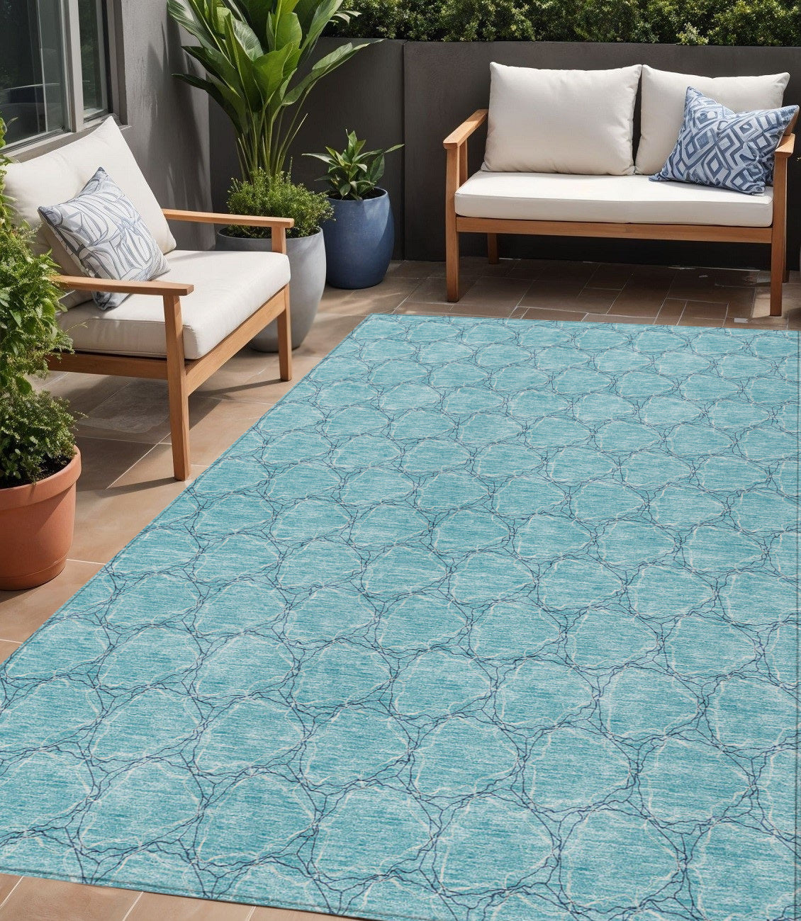 5 X 8 Teal Blue And Navy Blue Geometric Washable Indoor Outdoor Area Rug