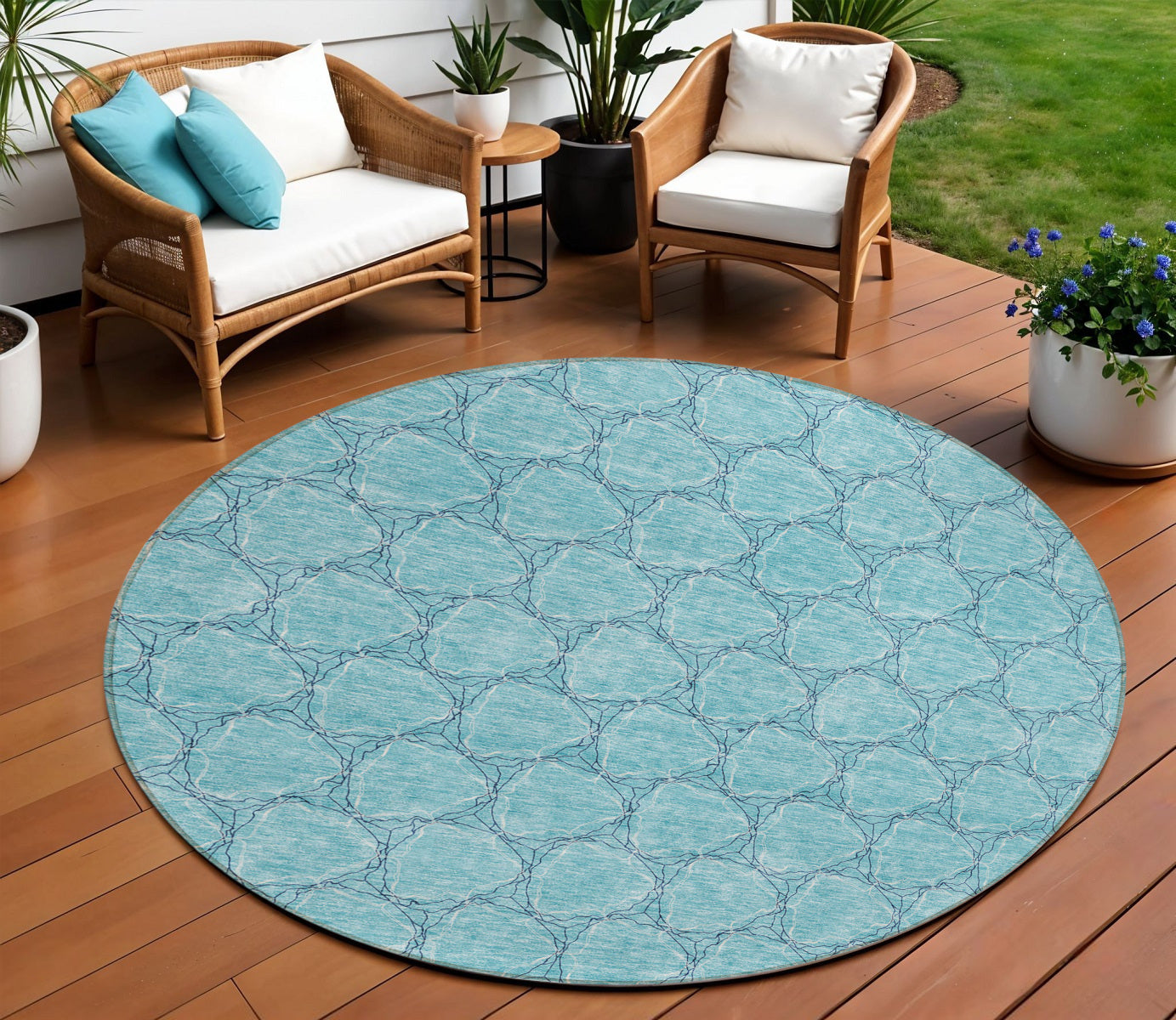 8 Teal Blue And Navy Blue Round Geometric Washable Indoor Outdoor Area Rug
