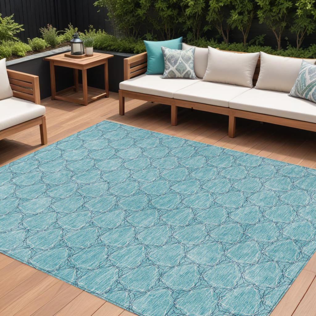 8 X 10 Teal Blue And Navy Blue Geometric Washable Indoor Outdoor Area Rug