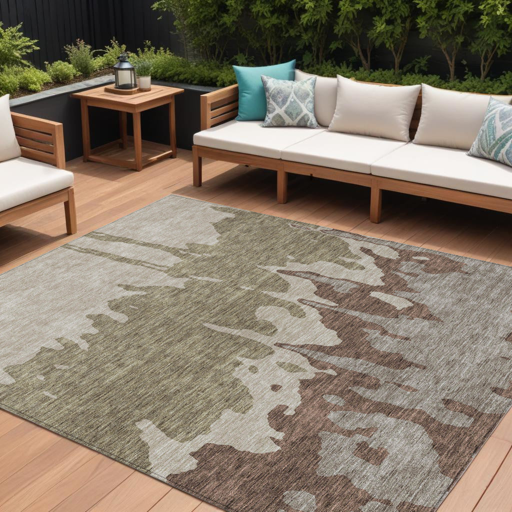 10 X 14 Beige And Taupe Abstract Washable Indoor Outdoor Area Rug