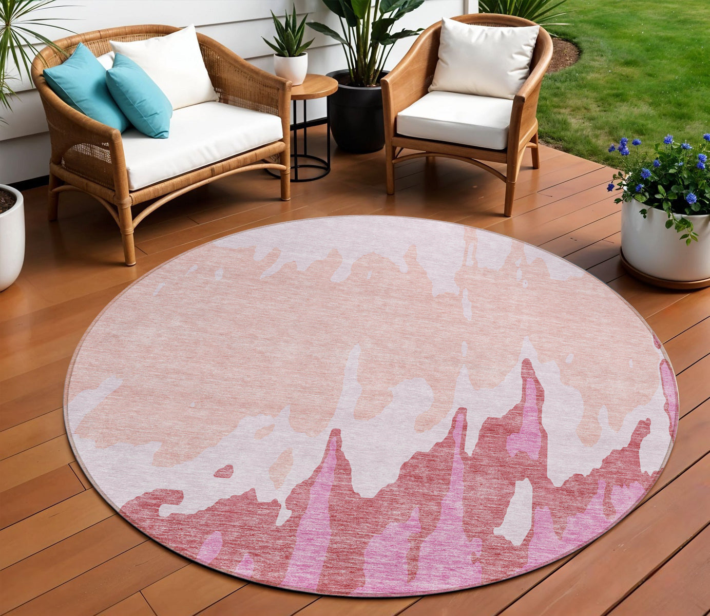 8 Blush And Pink Round Abstract Washable Indoor Outdoor Area Rug