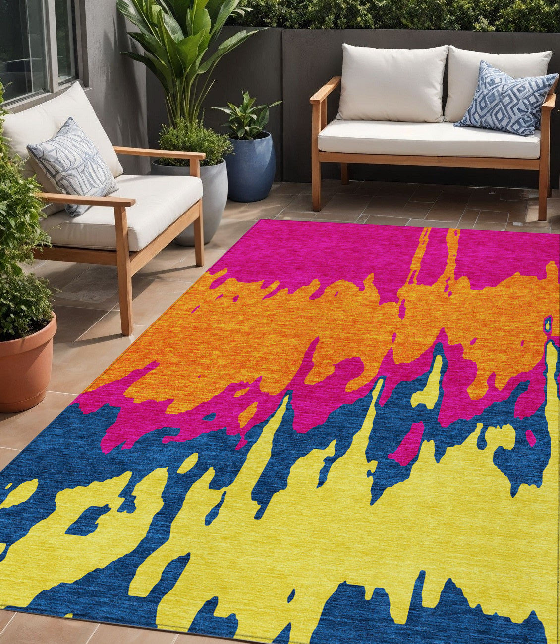 5 X 8 Pink Orange And Blue Abstract Washable Indoor Outdoor Area Rug