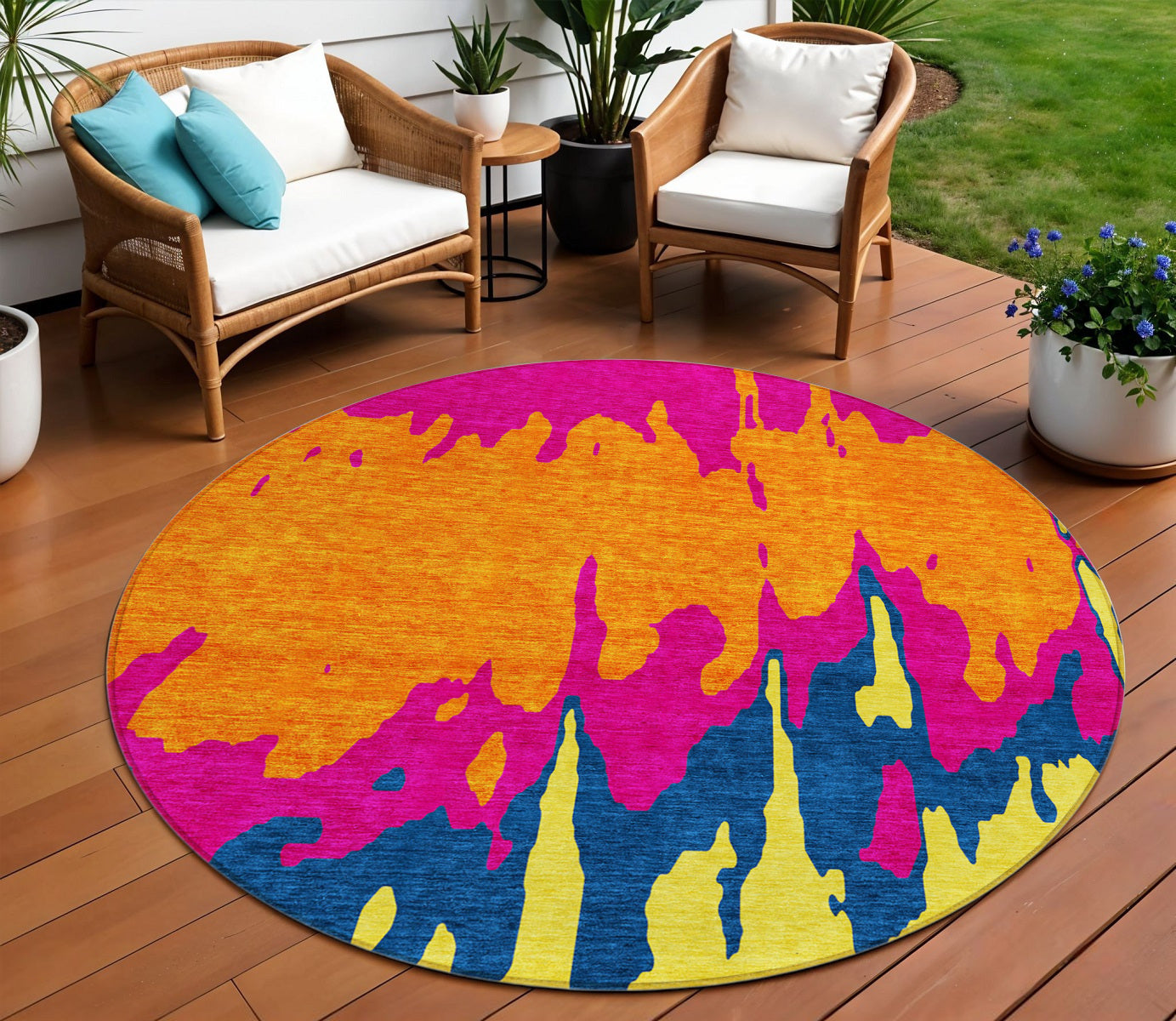 8 Pink Orange And Blue Round Abstract Washable Indoor Outdoor Area Rug
