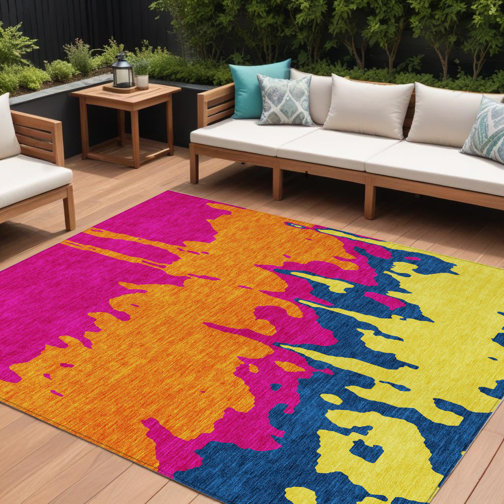 10 X 14 Pink Orange And Blue Abstract Washable Indoor Outdoor Area Rug