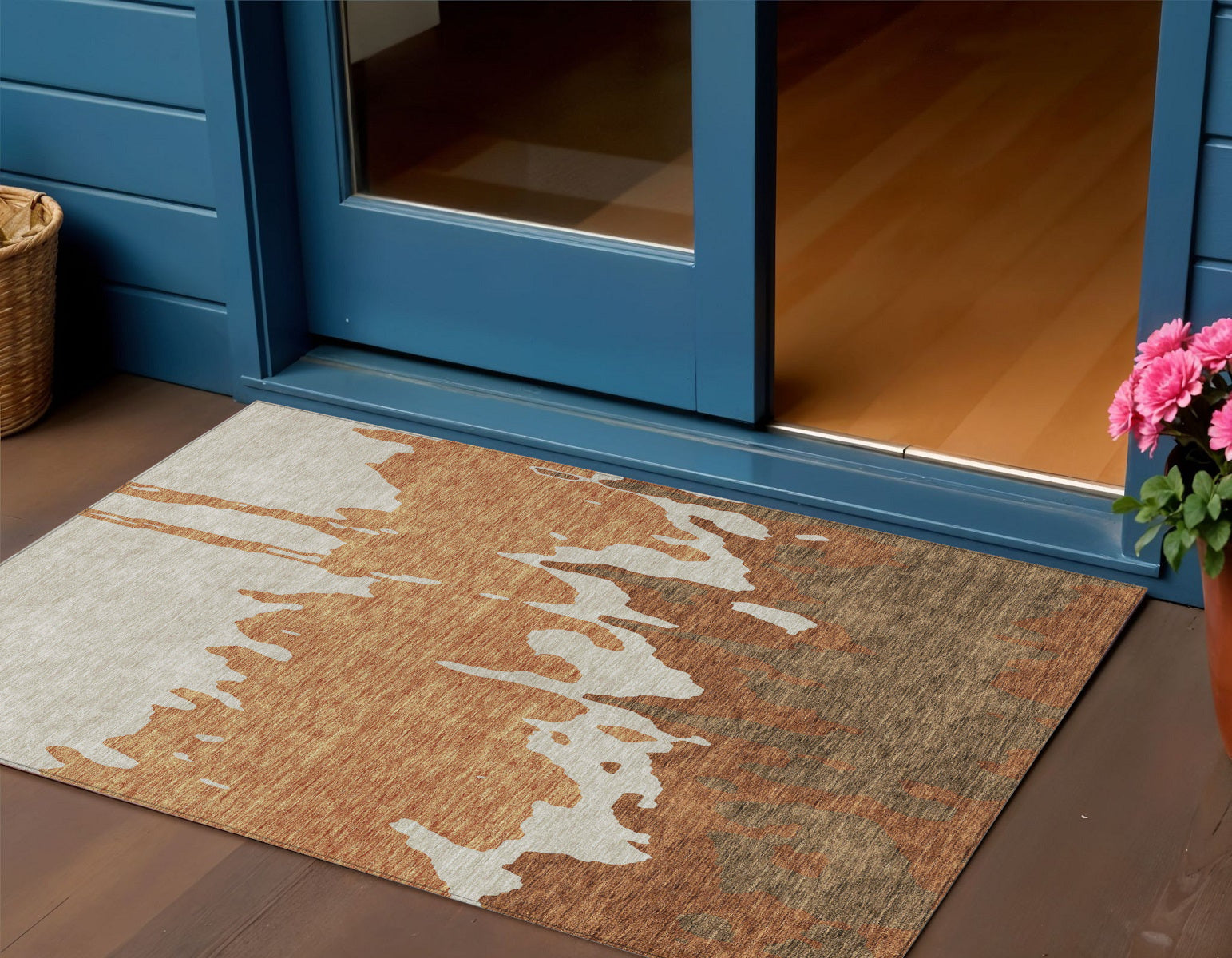 3 X 5 Orange And Brown Abstract Washable Indoor Outdoor Area Rug