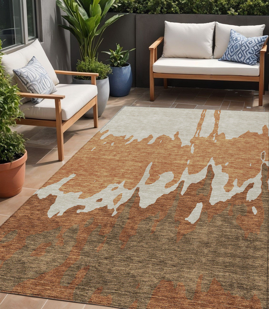 5 X 8 Orange And Brown Abstract Washable Indoor Outdoor Area Rug