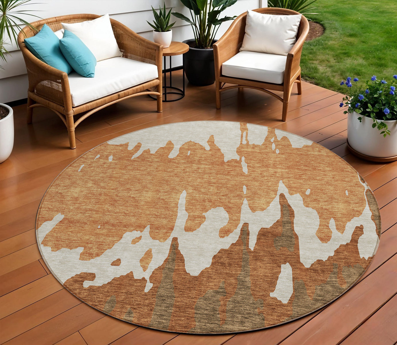 8 Orange And Brown Round Abstract Washable Indoor Outdoor Area Rug