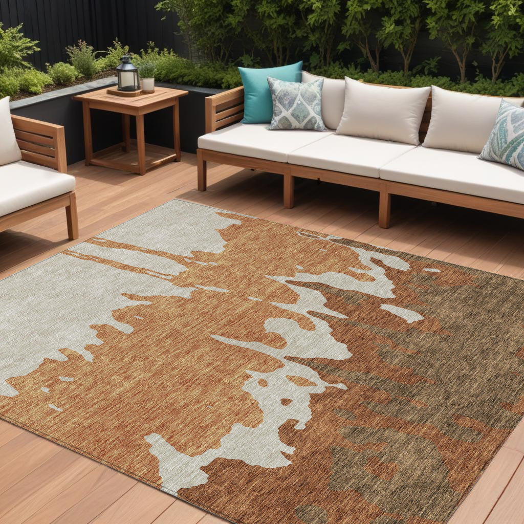 8 X 10 Orange And Brown Abstract Washable Indoor Outdoor Area Rug