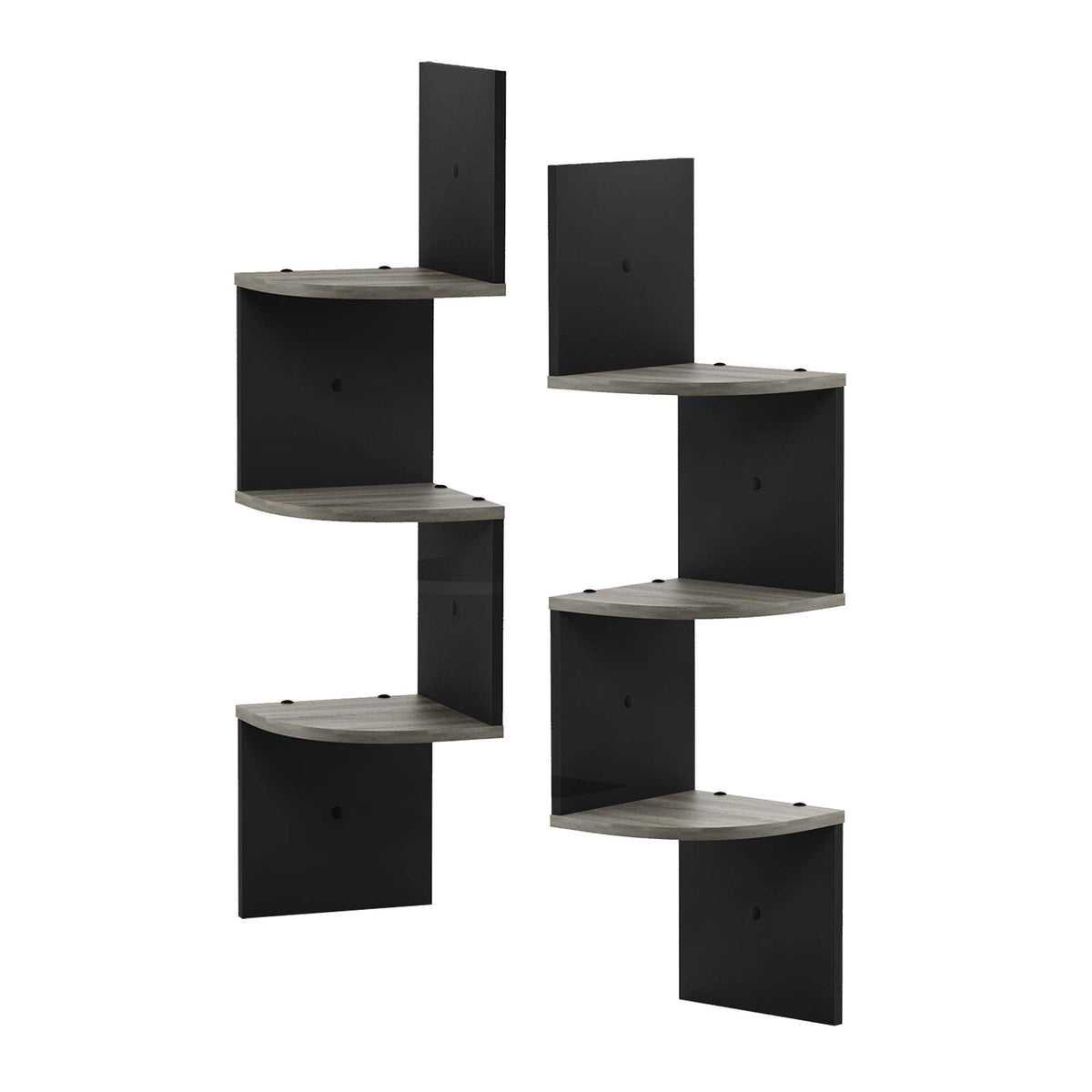 Furinno Rossi 3-Tier Wall Mount Floating Corner Radial Shelf, Set Of 2, French Oak Grey/Black