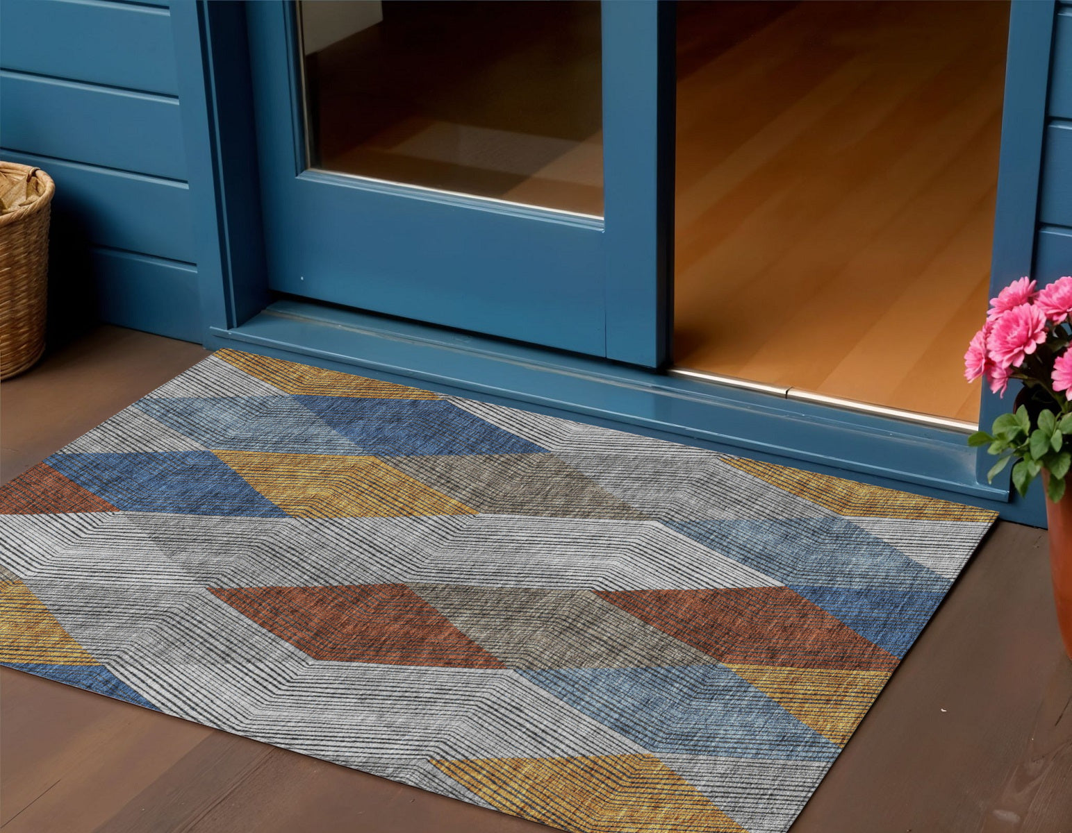 3 X 5 Gray Gold And Blue Argyle Washable Indoor Outdoor Area Rug