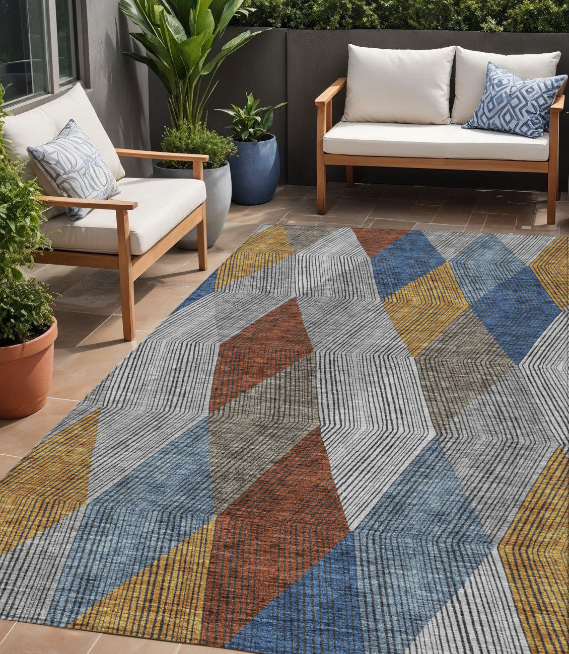 5 X 8 Gray Gold And Blue Argyle Washable Indoor Outdoor Area Rug