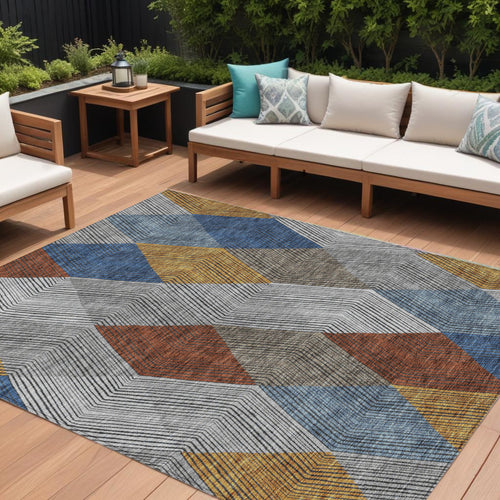 10 X 14 Gray Gold And Blue Argyle Washable Indoor Outdoor Area Rug