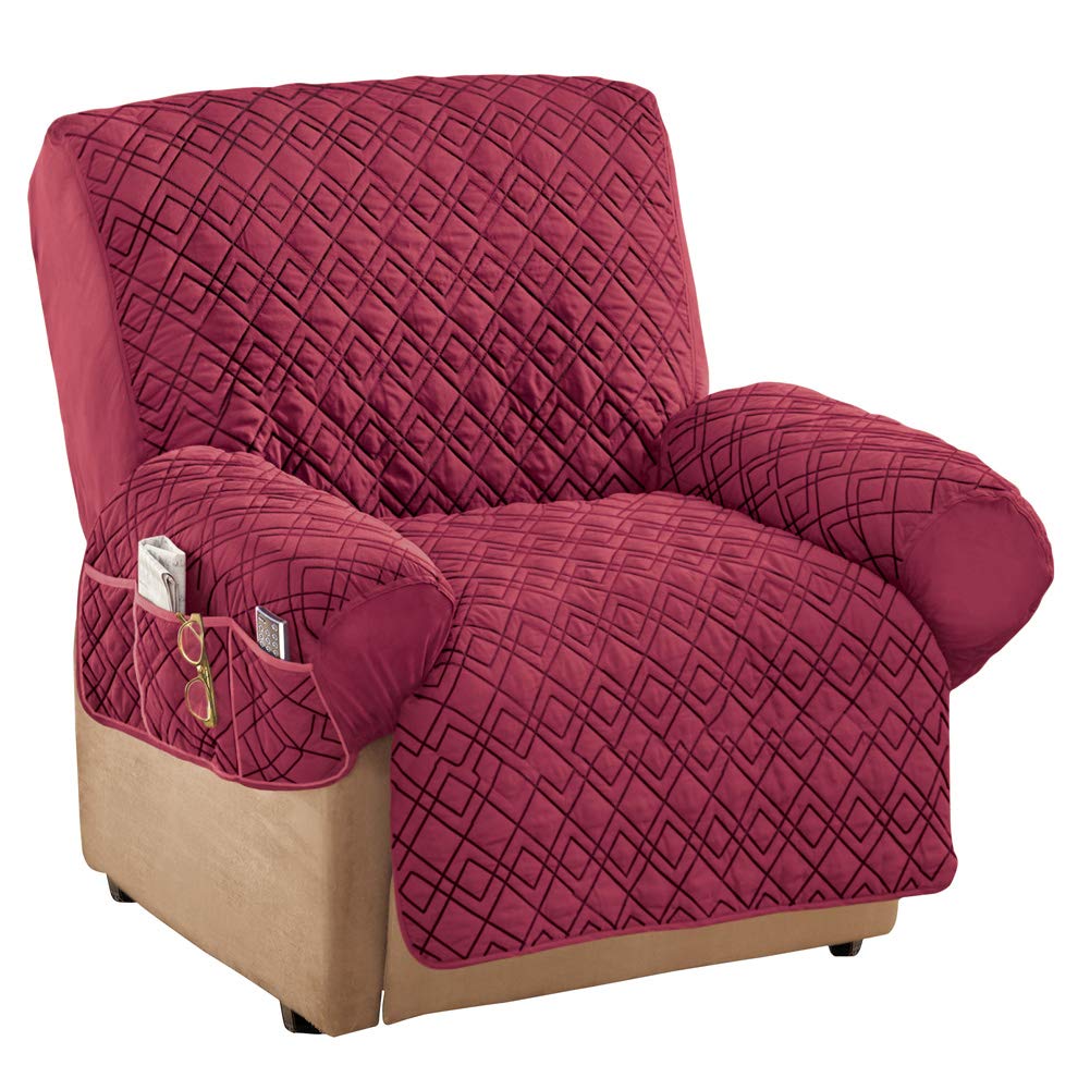 Collections Etc Diamond-Shape Quilted Stretch Recliner Cover with Storage Pockets and Elastic Straps - Furniture Protector, Burg