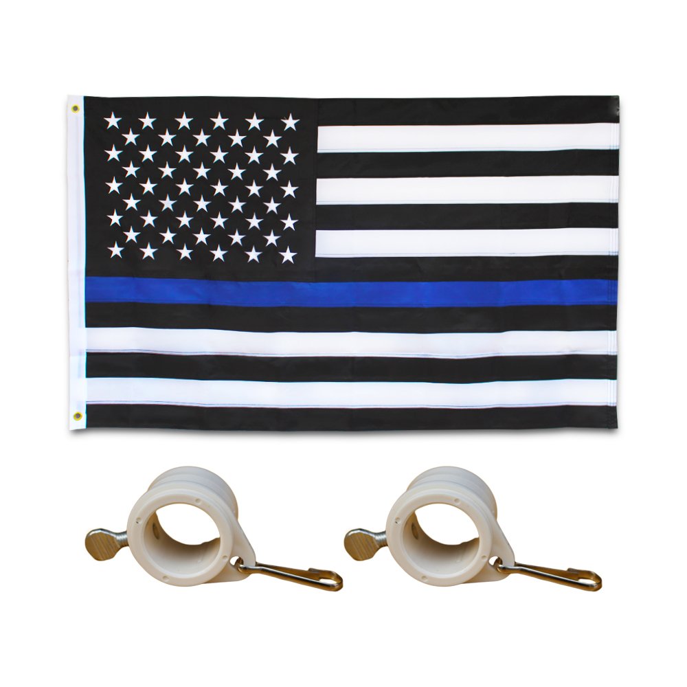 Embroidered Thin Blue Line Flag - 3X5 Foot - Us American Police Flag Honoring Law Enforcement Officers - W/ Rotating Flagpole Mo