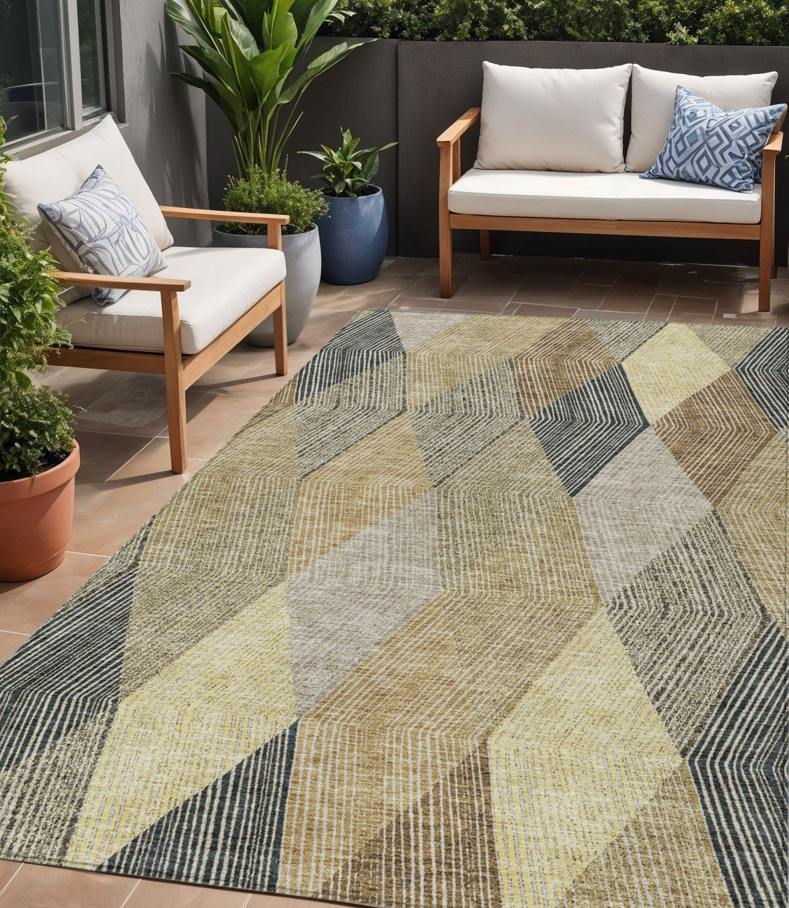 5 X 8 Brown Gold And Taupe Argyle Washable Indoor Outdoor Area Rug