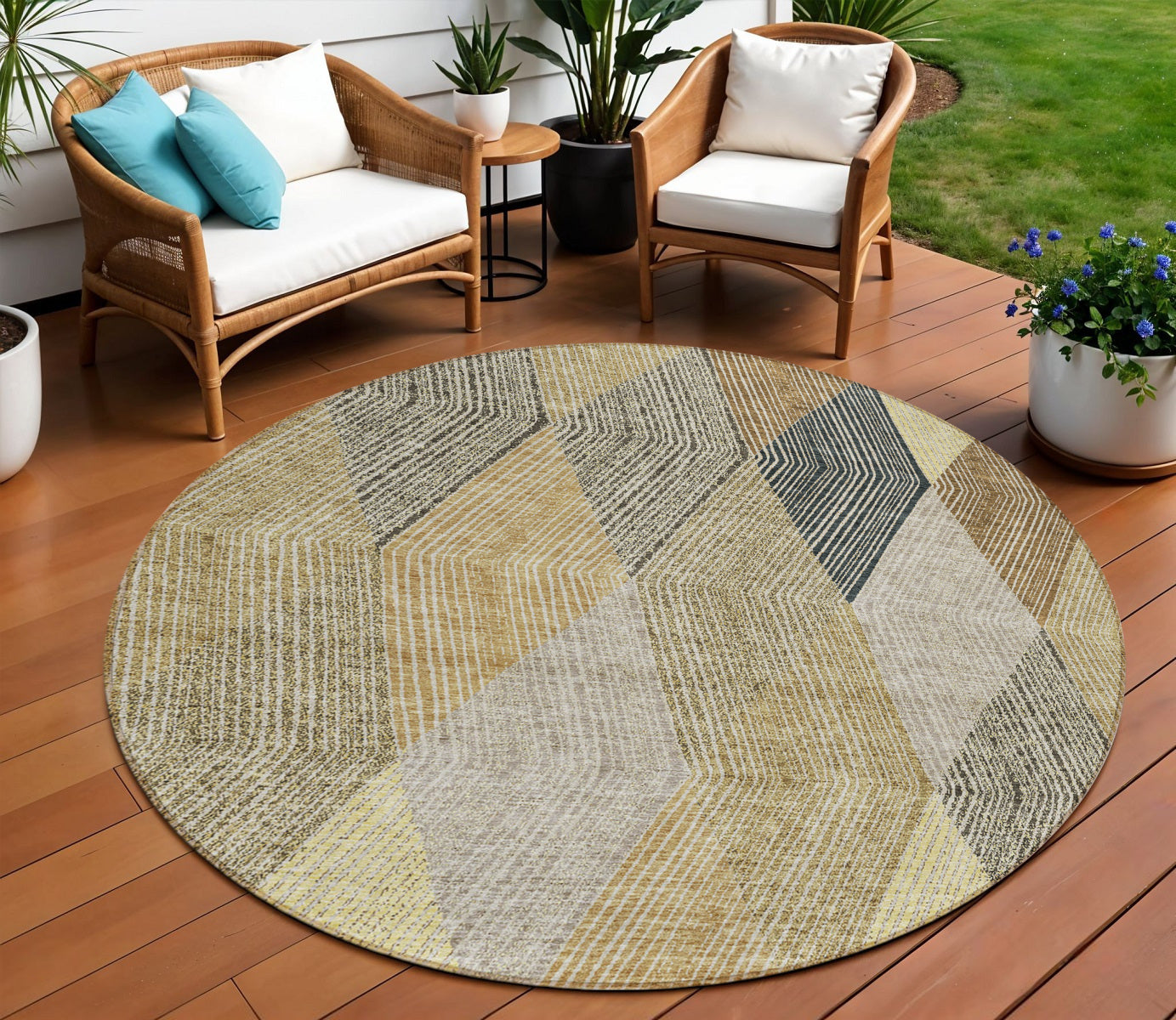 8 Brown Gold And Taupe Round Argyle Washable Indoor Outdoor Area Rug