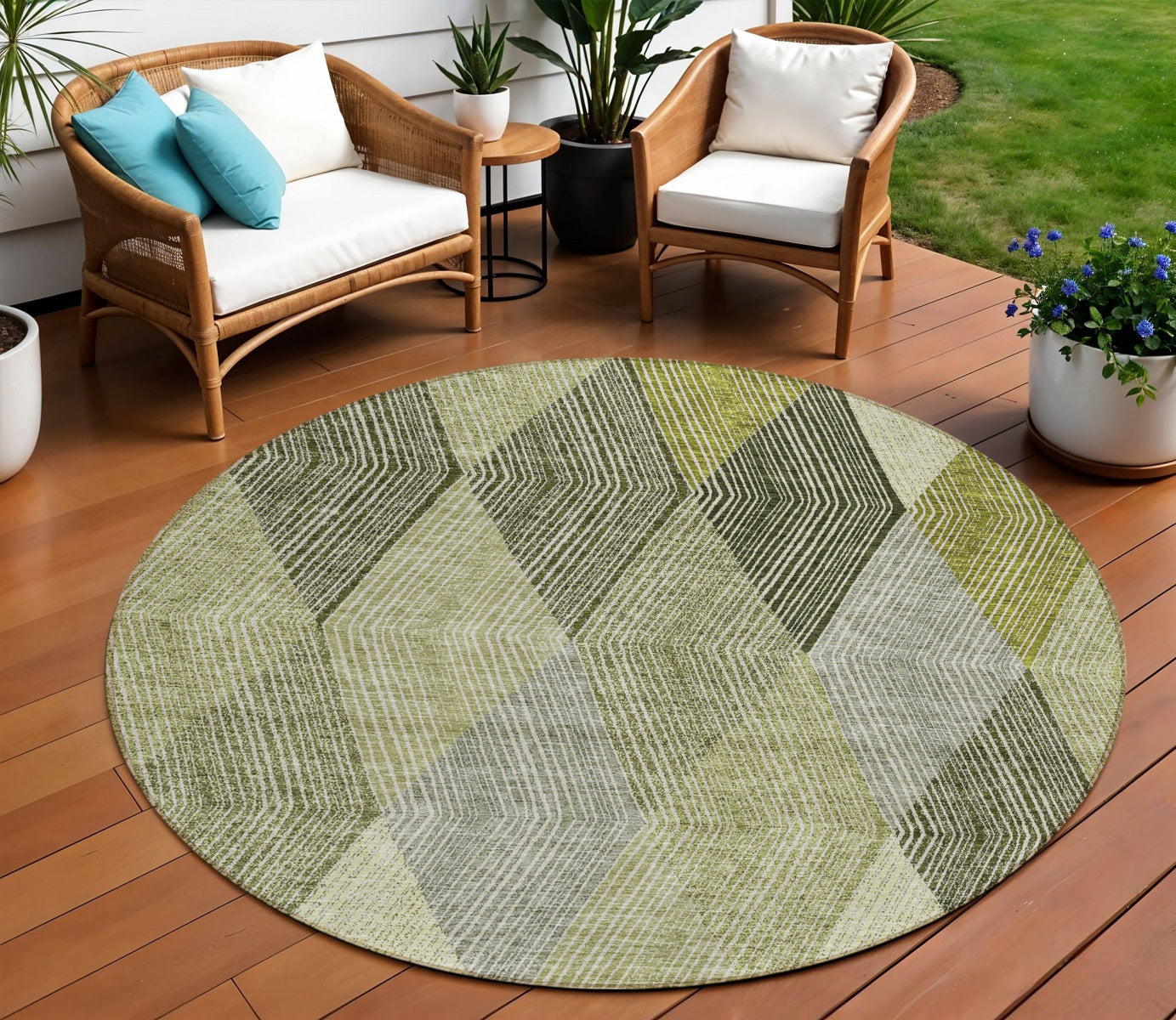 8 Olive Green Gray And Ivory Round Argyle Washable Indoor Outdoor Area Rug